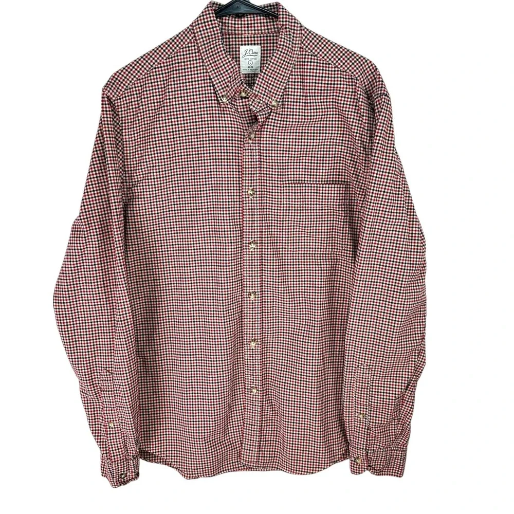 J. Crew Mens Slim Fit Button‎ Down Shirt Long Sleeve Gingham Red Blue Size Large